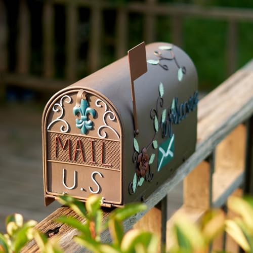 Image of Vintage Metal Post-Mount Mailbox, Decorative Mailboxes for Outside with Floral & Welcome Design