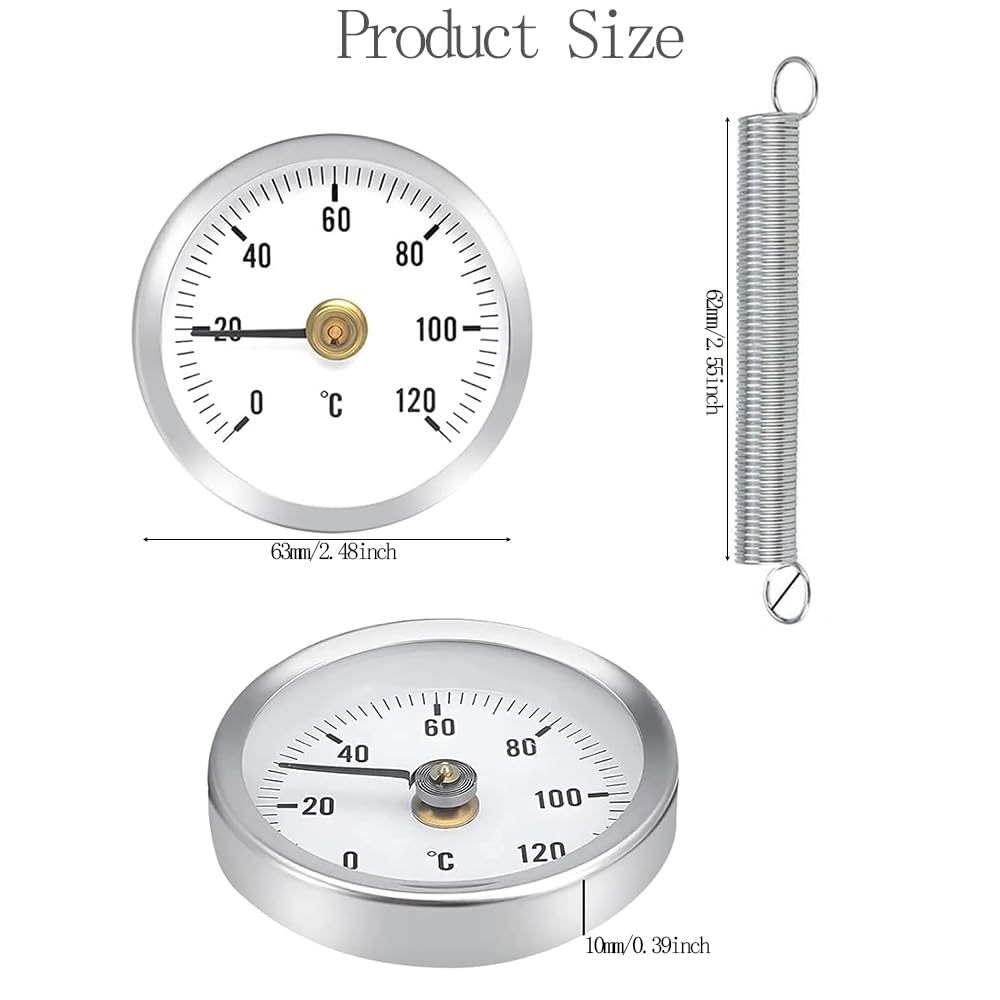2 Pièces Thermomètre Industriel pour Tuyauterie,Température Bimétallique Étanche à la Poussière de 63 mm,Thermomètre 0-120° avec Ressort, Thermomètre à Ressort Surface de Tuyau