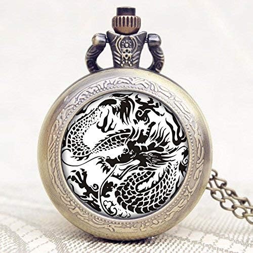 GeRRiT New Retro Chinese Dragon Theme Glass Dome Case Design Pocket Watch with Chain Necklace