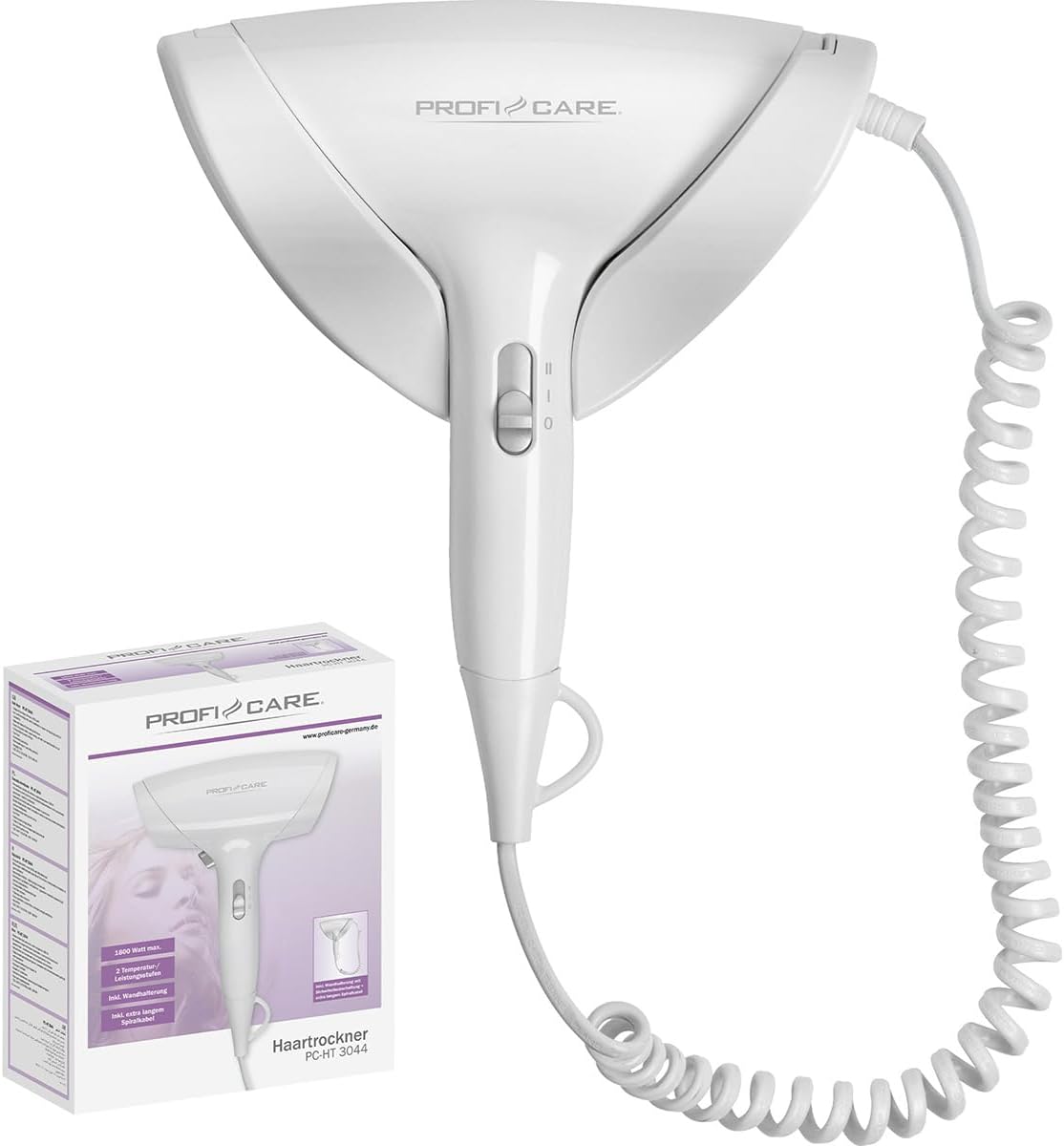 ProfiCare PC-HT 3044 Compact Hair Dryer with Wall Mount with Extra Long Spiral Cable 1800 Watt with Cool Shot 2 Power Levels Includes Mounting Material