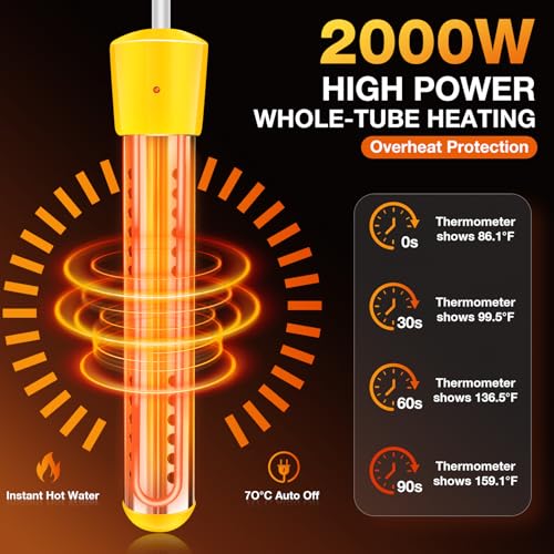 Immersion Water Heater with Insulated Gloves, 2000W Portable Water Heater with 304 SS Guard, Bucket Heater with LCD Thermometer, Quick Heating Immersion Heater for Home Camping Bath Pool Outdoor Use