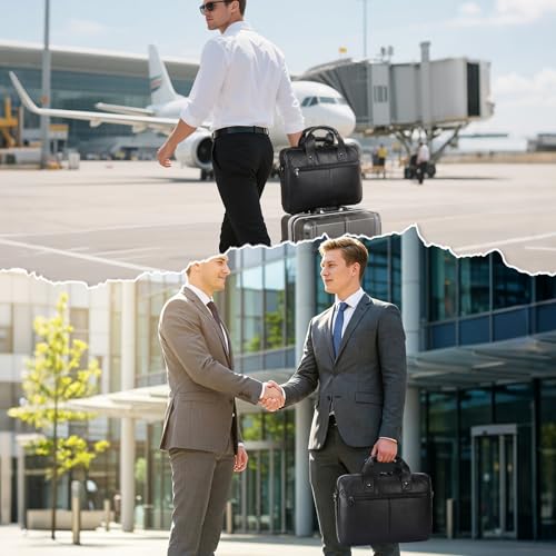 Masa Kawa Mens Leather Slim Briefcase for 16" Laptop Black Waterproof Crossbody Shoulder Messenger Computer Bag for Business Travel Office Work2