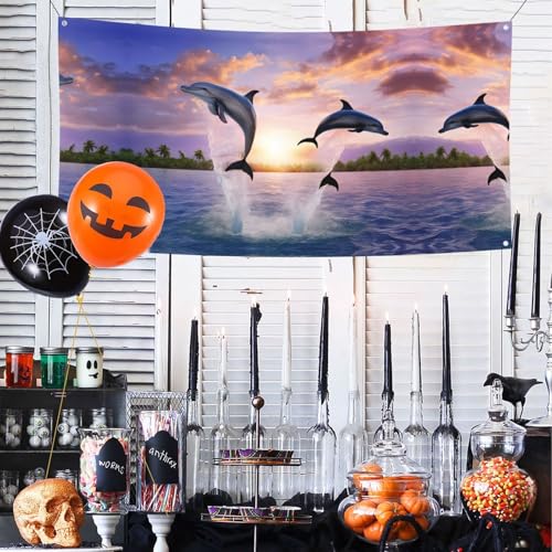 MINDBBDFJ Sunset Dolphins Print Banners And Signs For Outdoor/Indoor,Personalized Banner Customizable Parties Halloween Banner (180x90cm)2