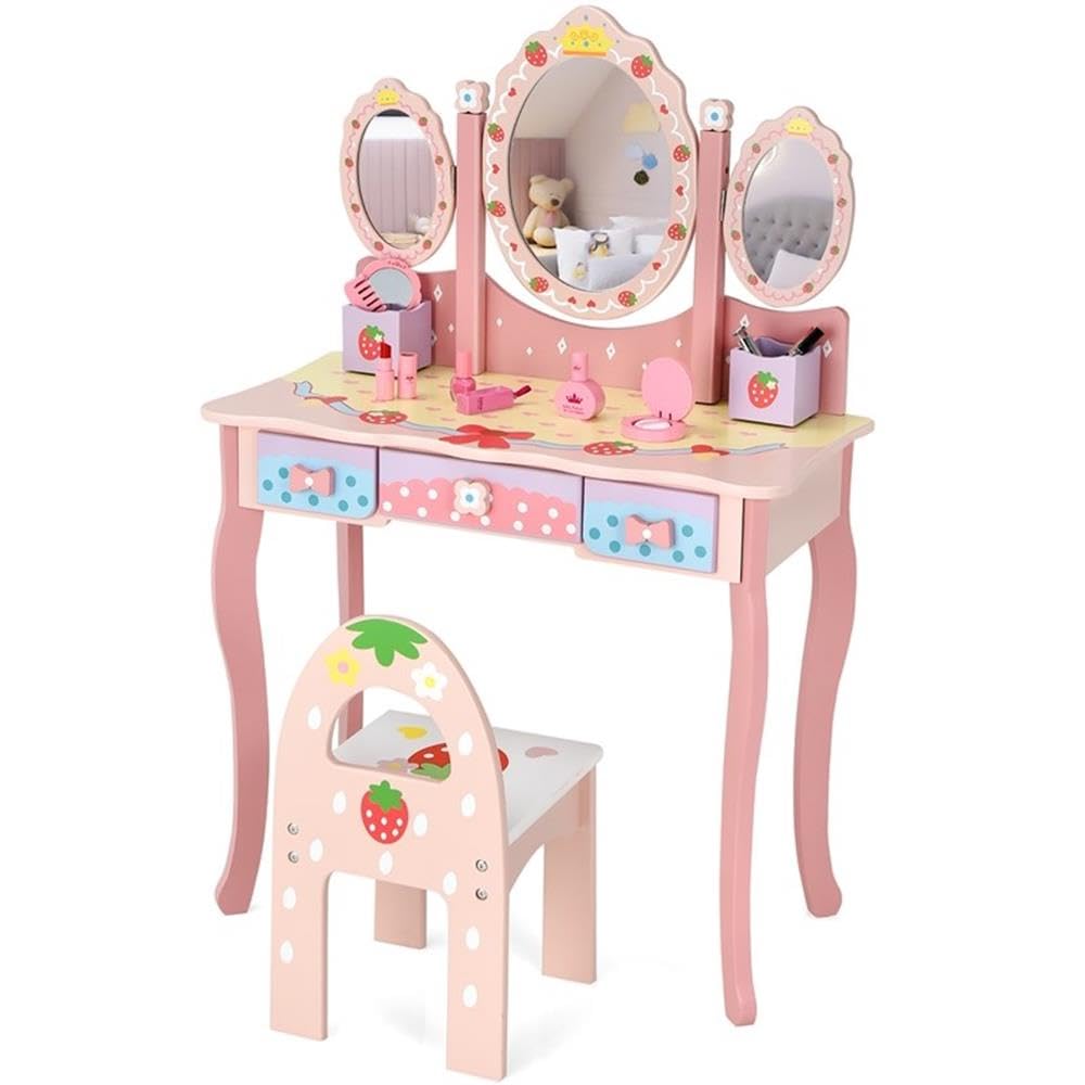 Pemberly Row Kids Vanity Princess Makeup Dressing Table Chair Set, Pink MDF, Tri-Fold Rotating Mirror, Ergonomic Chair, Storage Drawers, Strawberry and Flower Patterns, Safe Design Kids Bedroom Desk