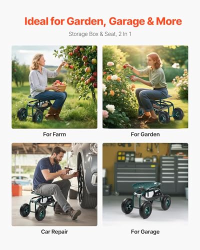 Image of VEVOR Rolling Garden Cart with Swivel Seat, Heavy Duty Garden Seat with Storage Basket & Tool Tray, 300 lbs Weight Capacity, Outdoor Utility Gardening Stool Scooter for Lawn Yard Planting Weeding