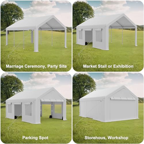 10x20ft Carport Heavy Duty, Portable Garage with 4 Doors + 4 Window, Upgraded Carport with Reinforced Steel Poles, Uv Resistant Waterproof Tarp, Portable Carport for Car, Truck, Boat