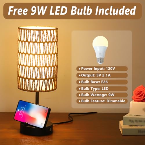 Touch Table Lamp For Bedroom with Bulb, Boho Small Desk Lamp For Living Room With Rattan & Linen Shade, 3 Way Dimmable Bedside Table Lamp For Nightstand With USB Charging Port & Phone Stand For Office - Image 6