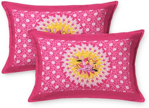Image of JAIPUR PRINTS 100% Cotton Rajasthani Jaipuri Traditional Floral King Size Double Bedsheet with 2 Pillow Covers - Multicolor, 180-200 tc, Pink