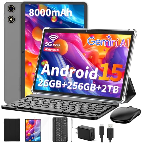 Image of Suicoey 2026 Tablet with Keyboard, 26GB + 256GB (2TB Expand), 10 inch Android 15 Tablets with Octa Core, Gemini AI, 5G WiFi, 8000mAh, BT 5.0, 2 in 1 AI Tablet with Case, Mouse, Stylus (Black Case)