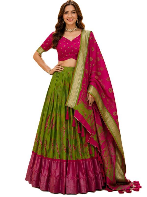 Image of Traditional Women's Tussar Silk Lehenga Choli Set | Semi-Stitched Ghagra with Printed Blouse & Dupatta | Graceful Indian for Festive, Wedding & Reception Events