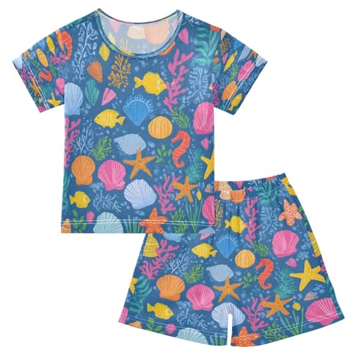 Colorful Seashells Pattern Kids Pjs Set Boys Girls Summer Short-Sleeve Sleepwear Pajamas 2PCS - Main Image