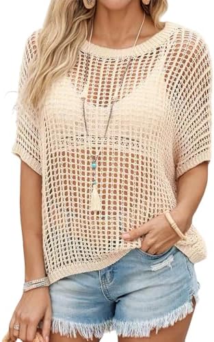 Women's Tops Beach Crochet Cover-up Scoop Neck Short Sleeve Sweat...