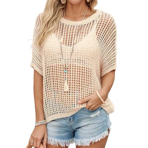 Women's Scoop Neck Crochet Hollow Sweater Casual Short Sleeve Knitted Pullover Beach Cover-up Summer Tops