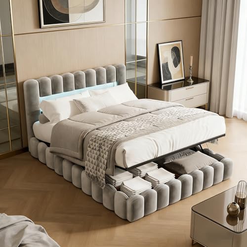 EZSSW Boxspringbett 180x200 cm mit Stauraum, Polsterbett Doppelbett mit Gasdruckfeder, stabilem Metallgestell & Lattenrost, Bettkasten, Webstoff „Tree Stump“ (Hellgrau, 180 x 200 cm)