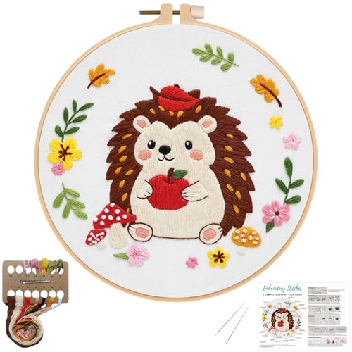 Image of Louise Maelys Hedgehog Embroidery Kit, Cross Stitch Kit for Beginner | Animal Embroidery Starter Kit With Stamped Fabric, Hoop, Threads, Needles And Instructions For Adults,Easy Needlepoint,Gifts