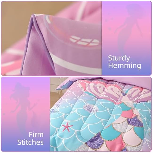 Mermaid Tail Toddler Bedding Set Crib Bedding Set for Girls 4 Pieces with Toddler Comforter, Toddler Bed Sheets, Pillowcase, Purple Blue Gradient