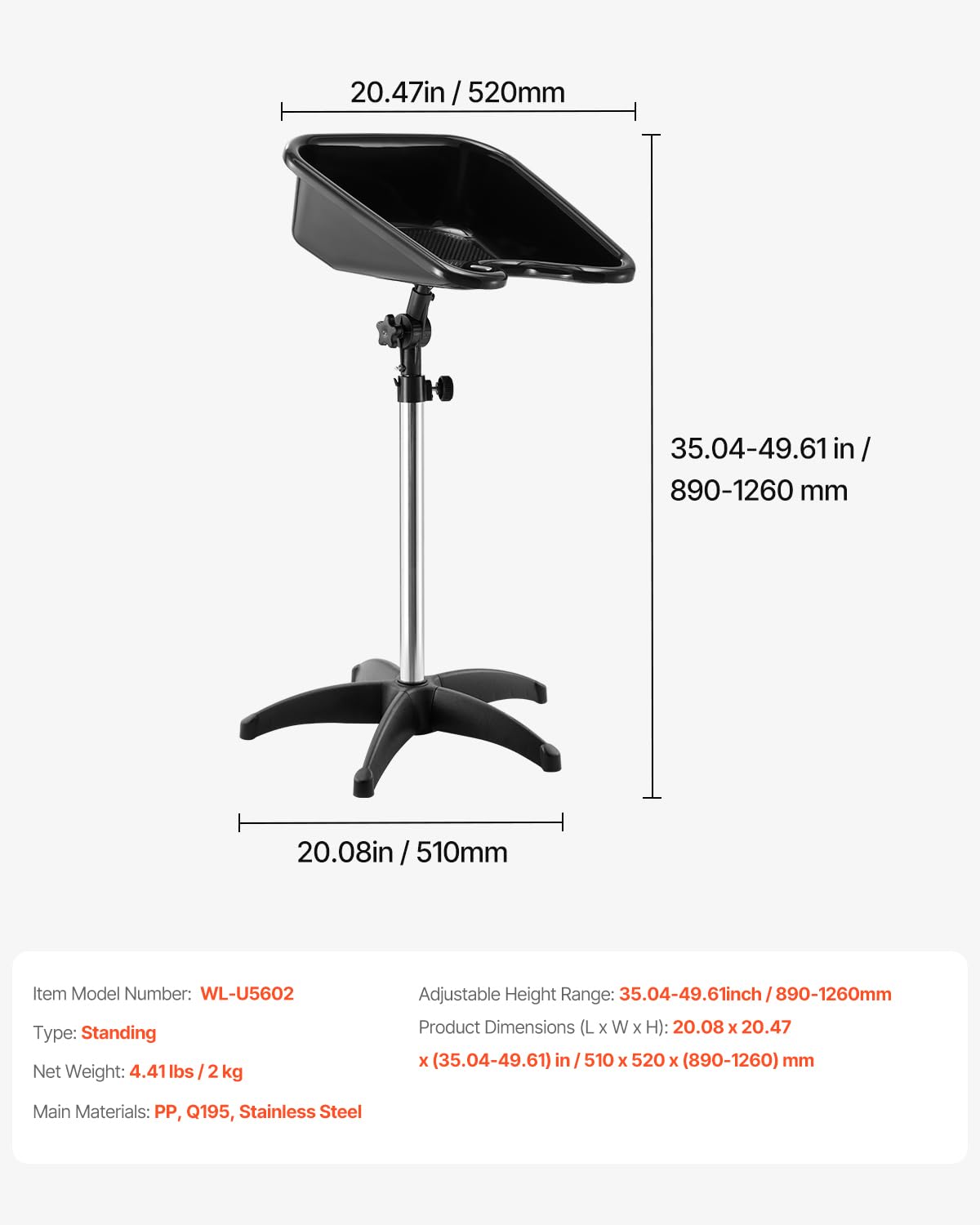 VEVOR Lavabo Móvil de Peluquería, con Altura y Ángulo Ajustables, Lavacabezas con Manguera de Drenaje y Base de Apoyo, Ideal para Barberías, Salones de Belleza, 510 x 520 x (900-1270) mm, Negro