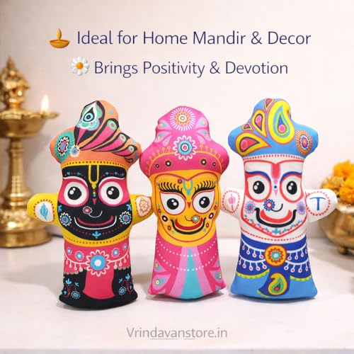 Image of Jagannath, Baldev & Subhadra Soft Toy Set Devotional Plush Stuffed Dolls for Kids, Cuddly and Huggable Baby Toys for Spiritual Play and Festivals