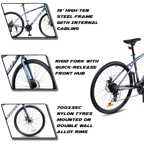 Image of Vaux City-Pro Hybrid Cycle for Men with Gears|21 Speed Shimano Gears| 19 Inch HI-Ten Steel Frame| Dual Disc Brakes| 700x35C Tyres|Double-Wall Alloy Rims (Grey-Blue, Multispeed, Rigid Fork)