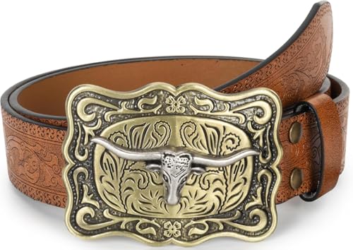 Image of UTOWO Western PU-Leather Cowboy Buckle Belt for Men and Women Jeans Engraved Floral Longhorn Bull Buckle Belt (25-38 inch waist)
