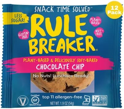 Rule Breaker Vegan & Gluten Free Cookies | Chocolate Chip | Plant-Based, Dairy, Nut, Soy, Allergen Free | Soft-Baked, Great School Snacks for Kids & Adults, Individually Wrapped (Pack of 12)
