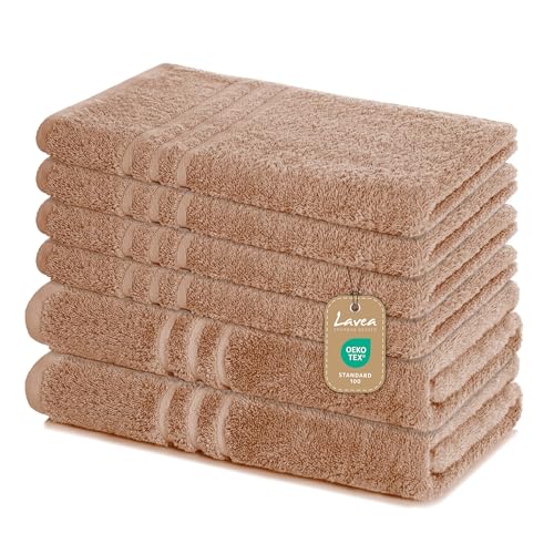 Lavea Juego de 6 toallas de mano de 100 % algodón, capuchino, 4 toallas de mano de 50 x 100 cm y 2 toallas de ducha de 70 x 140 cm, suaves, absorbentes y con certificado Öko-Tex, juego de toallas de