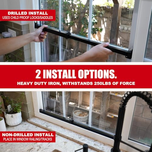 SecurityMan Window Security Bar - Easy Install for Horizontal/Vertical Windows - Adjustable Window Lock Bar (Child Proof/Heavy Duty Iron) - Extendable (14.25" to 37") Security Bars for Windows - Black