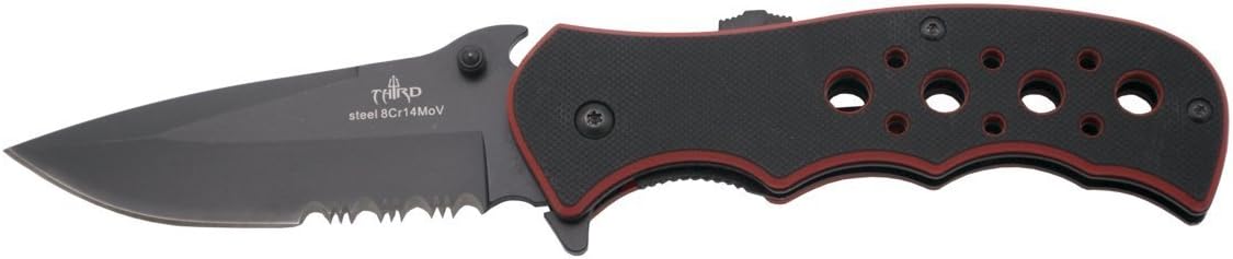 THIRD Assisted Knife K1905RDS, Handle G10 Bicolor Black and Red, Stainless Steel Blade 8Cr14MoV Stainless Steel 9.8 cm Black Finish with Saw Blade and Bottle Opener Sheath. Presentation