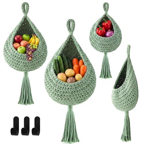 Image of Honeydak 3 Hanging Baskets, Sage Green, Tassel, Cotton Rope