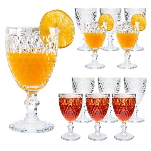 Ufrount Vintage Wine Glasses,10 Ounce Red Wine Glasses Set of 12,Clear Stemmed Glassware Embossed Water Goblets for Wedding,Party,Restaurant