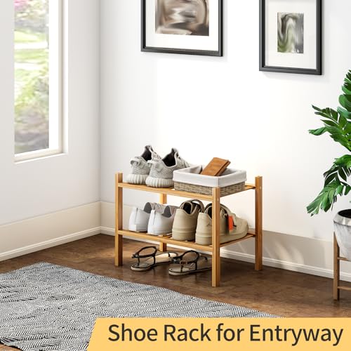 Image of Small Shoe Rack, 2-Tier Bamboo Stackable Shoe Shelf Storage Organizer, Shoe Stand for Closet, Entryway and Hallway