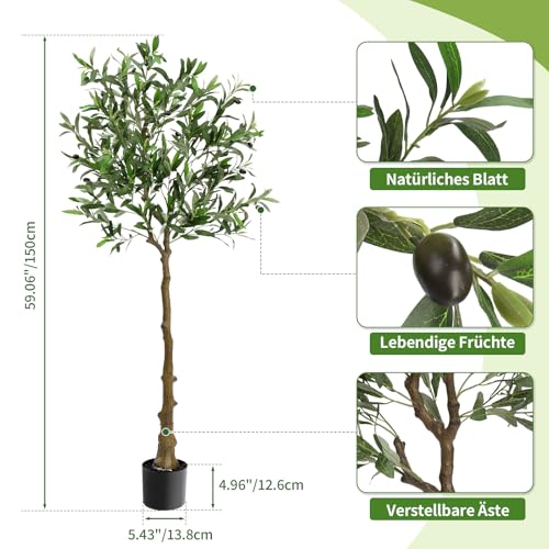 LEADZM Künstlicher Olivenbaum 150cm kunstpflanze Künstliche Pflanzen Olivenbaum Künstlich Kunstbaum wie echt für Balkon Wohnzimmer Büro (150cm)
