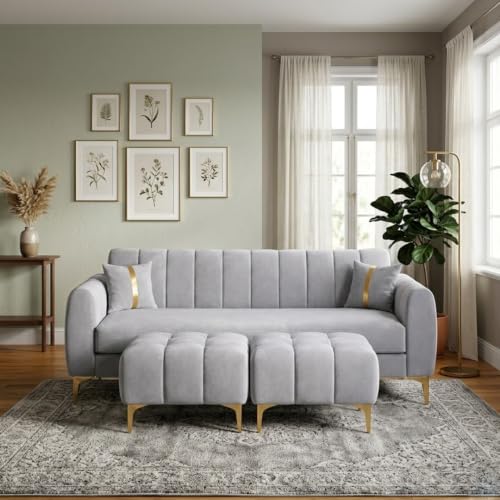 Image of Hermione 5 Seater L Shape Sofa Set with 2 Movable Ottoman | Flexible Left or Right Layout | Luxe Velvet Suede Fabric | Comfortable Seating | Modern Sofa for Living Room - Light Gray