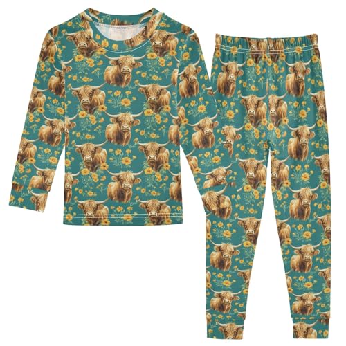 Highland Cattle Chrysanthemum Pattern Cute Pajama Sets Long Sleeve Top and Pants, Snug Fit Sleepwear for Night Wears