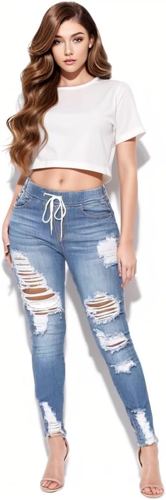 Denim Joggers for Women Jean Joggers with Drawstring Elastic Waist Stretch Loose Denim Pants - Image 4