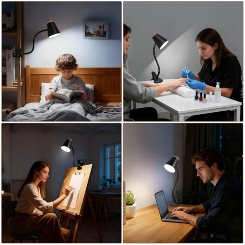 Image of EJIAXIN Clip on Desk Lamp for Home Office - Small LED Touch Dimmable Reading Light for College Dorm Room - Adjustable Flexible Gooseneck Clamp Light Table Lamp for Bedside Bedroom Bed Headboard Black