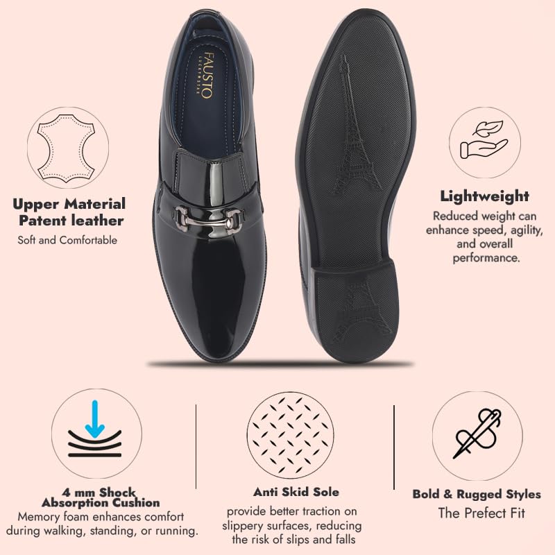 Image of FAUSTO Men Horsebit Buckle Patent Leather Party Formal Slip On Shoes | Extra Cushioned Insole Tuxedo Loafers for Wedding, Reception, Cocktail
