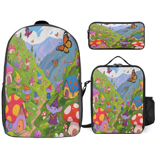 Printed Backpack With Lunch Pack Storage Box Case Fairy Valley 3pcs Lightweight Travel Backpack