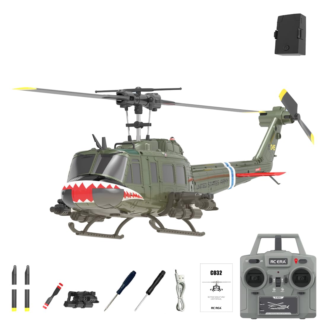 RC ERA C032 UH-1 Huey RC Helicopters Toys for Adults Beginners, 1/48 Scale 6CH 2.4G 6-Axis Gyro Stabilized Aircraft Brushless Flybarless Helicopter Model (RTF / 1 Battery)