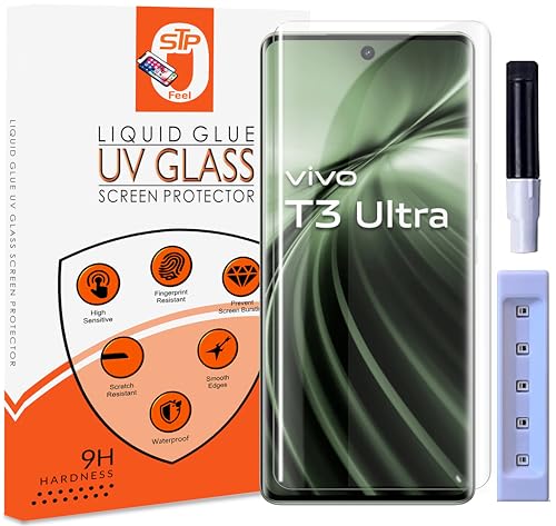 Image of STP FEEL Premium UV Tempered Glass Screen Protector Guard Compatible For Vivo T3 Ultra 5G (6.77 Inch, Pack of 1) Full Adhesive UV Curved Case Friendly HD Clarity with easy installation kit