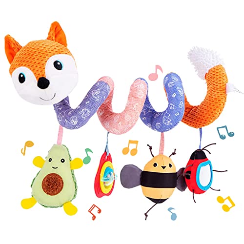 Image of Koty Car Seat Toys, Infant Baby Spiral Plush Activity Hanging Toy for Stroller Bar Pram Crib with Music Box BB Squeaker & Rattles(Orange Fox)