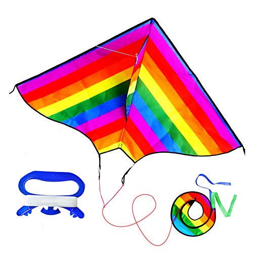 ZHUOYUE Delta Rainbow Kites for Kids and Adults, Easy to Fly Single Line Nylon Kite with Long Tail 45"x25" Inch