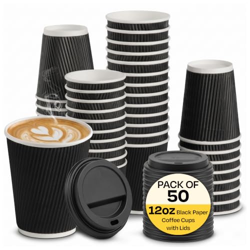 We Can Source It Ltd 50 Sets of 12oz Insulated Black Paper Coffee Cups with Lids Disposable Hot Beverage Cup for Coffee Tea - Leak-Proof Disposable Coffee Cups for Home Office and Cafes