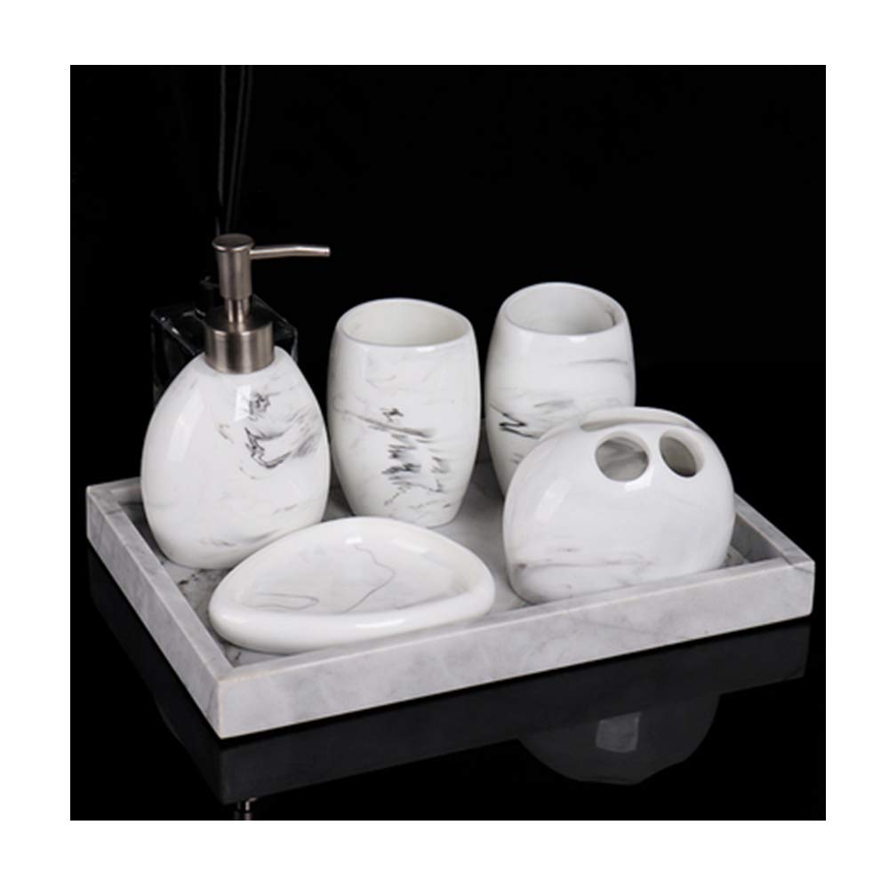 Nórdico Estilo Juego de Accesorios de Baño de Resina Conjunto de Baño con Porta Cepillo de Dientes, 2 Tazas, Dispensador de Jabón Líquido, Jabonera, Tinta Blanca,Marble Tray