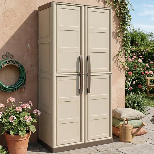 Dmora - Armadio da esterno Marchin, Mobile balcone multiuso, Armadietto outdoor 2 ante, 100% Made in Italy, Beige e Marrone, Finitura quadri, 70x39h165 cm