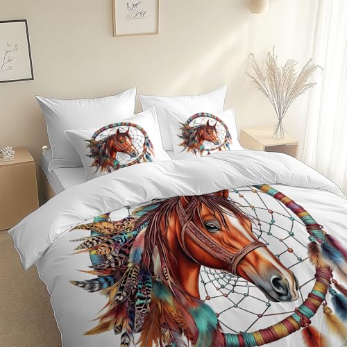 Juego de Funda Nórdica 2 Piezas para Cama 80/90-135 x 200 cm, Microfibra Extra Suave Transpirable - Animales Caballos Plumas Incluye 1 Funda nórdica y 1 Fundas de Almohada, Marfil