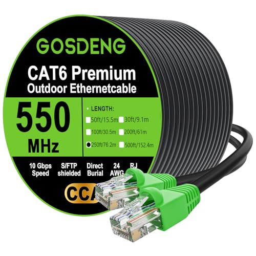 GOSDENG RJ45 Cat-6 Ethernet Patch Cable 10Gpbs Transfer Speed Gold-Plated Connectors Copper-clad Aluminum Outdoor UV Resistant Direct Burial Waterproof Durable 250 Foot Black