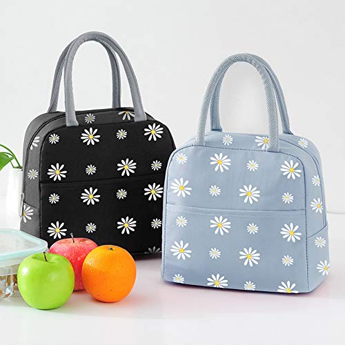 Image of Insulated Lunch Bag, Portable Thermal Lunch Bags Cooler Bag Daisy Pattern Lunch Box Organizer Tote Bag for Women Adults Kids Girls Work School Picnic Camping Travel (Black)