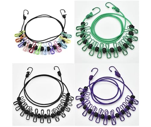 Kellegour Set of 4 Washing Lines Camping, Elastic Travel Clothesline, Extendable Travel Clothesline Portable with 36 Clips, Retractable Washing Line for Travel, Camping, Travel, Laundry Room, Garden