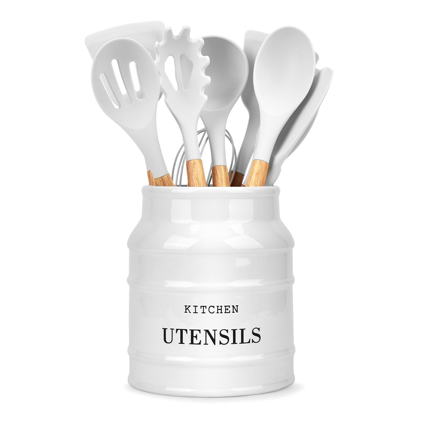 Hoziel White 6.75" Ceramic Utensil Holder For Kitchen Countertop, Large Farmhouse Cooking Utensil Crock,Rustic Utensil Organizer For Spatula,Kitchen Counter Decor